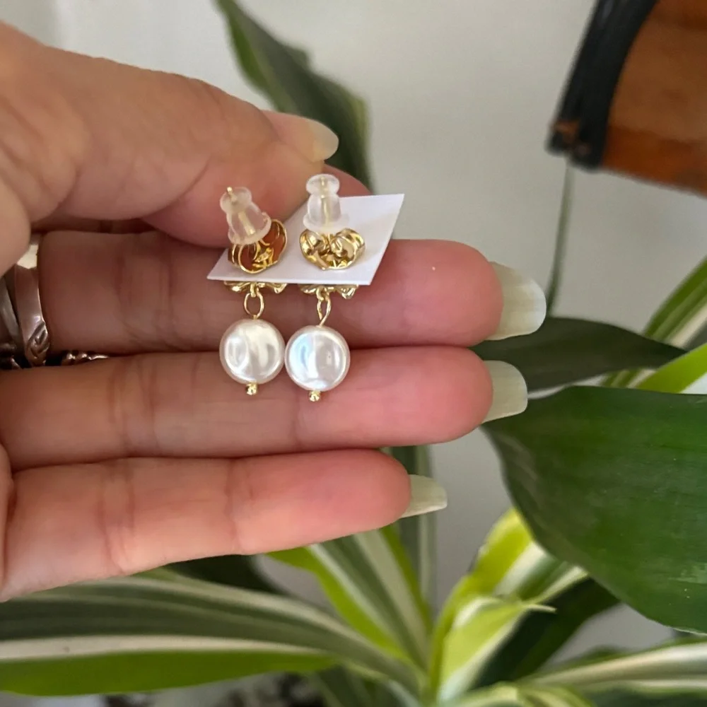 Gold Tone Pearl Drop Earrings - Elegant Women's Jewelry - Picture 2 of 3